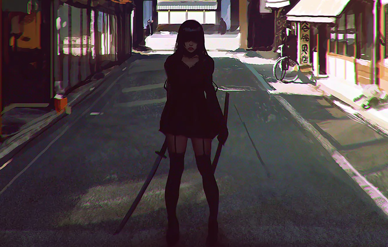 Photo wallpaper girl, street, Japan, sword, katana, stockings, anime, art
