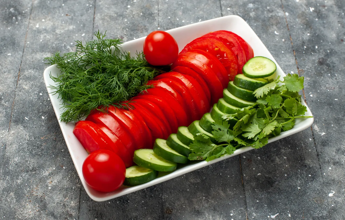 Photo wallpaper table, food, plate, vegetables, salad, submission