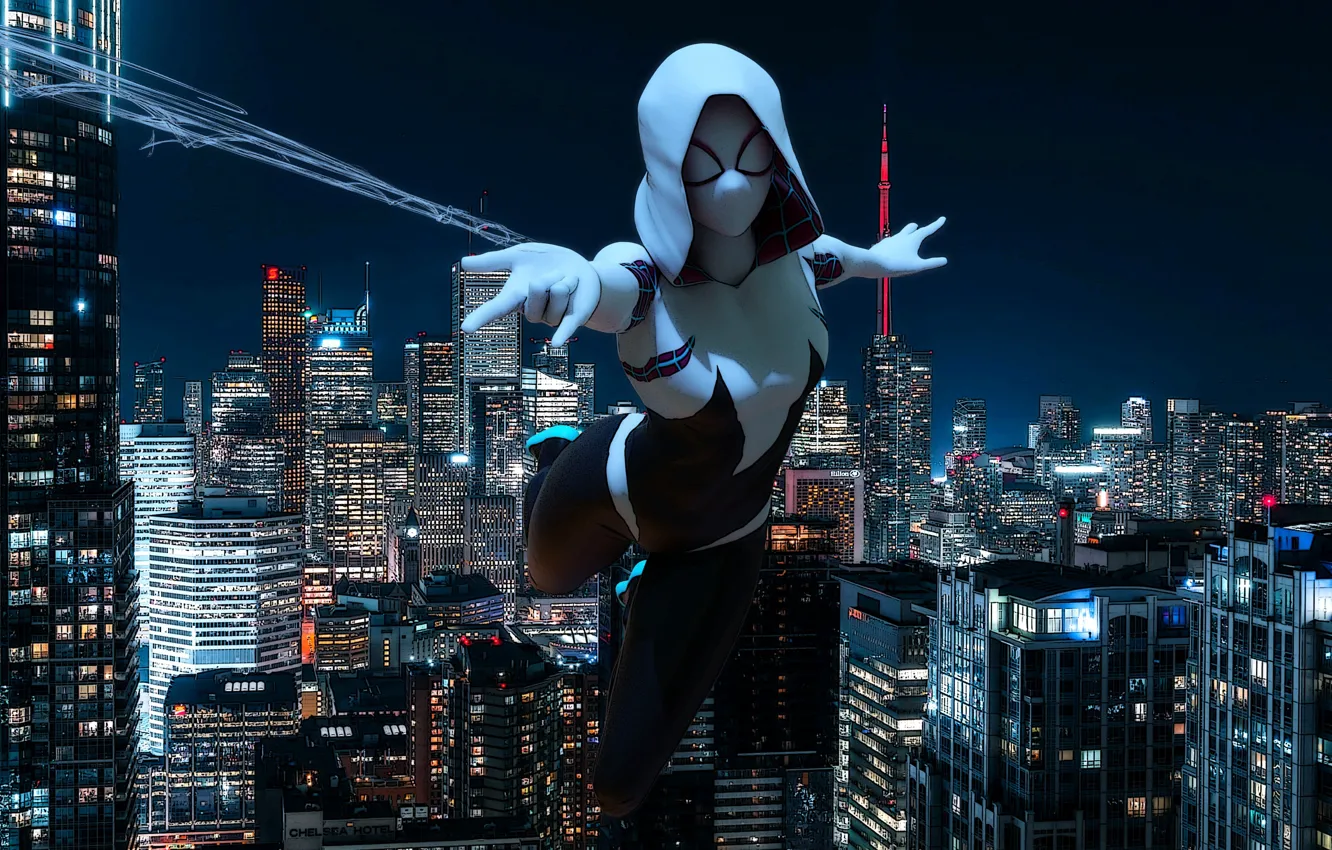 Photo wallpaper flight, night, the city, lights, skyscrapers, Marvel, Comics, Gwen Stacy