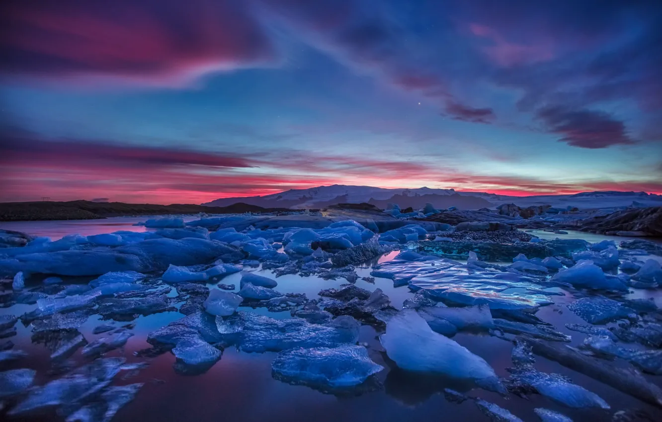 Photo wallpaper Landscape, Water, Sunset, Ice, Cold