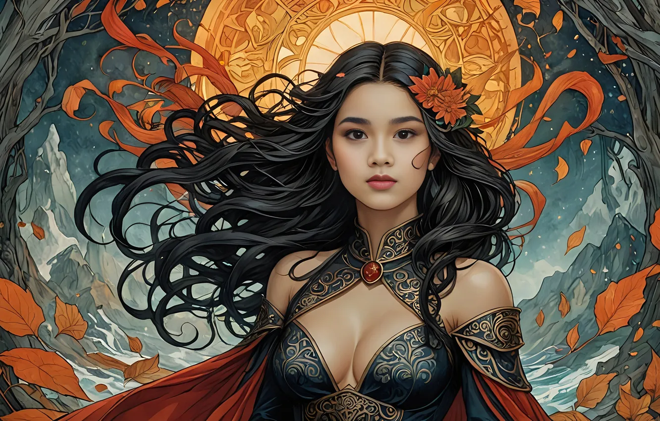 Photo wallpaper chest, look, leaves, girl, the moon, brunette, fantasy, Asian