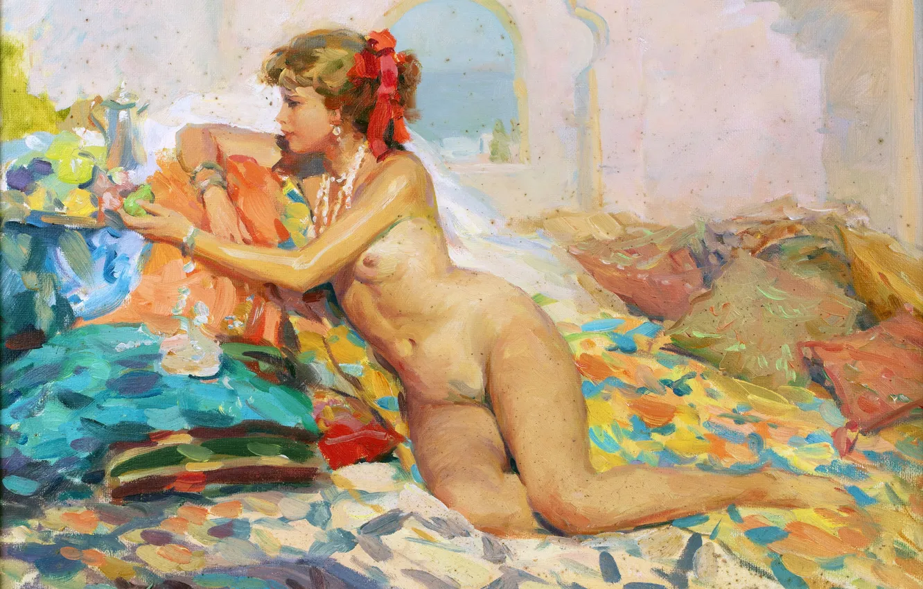 Photo wallpaper girl, picture, blanket, naked, Nude woman, Russian artist, Konstantin Razumov, Lying on a patterned bedspread