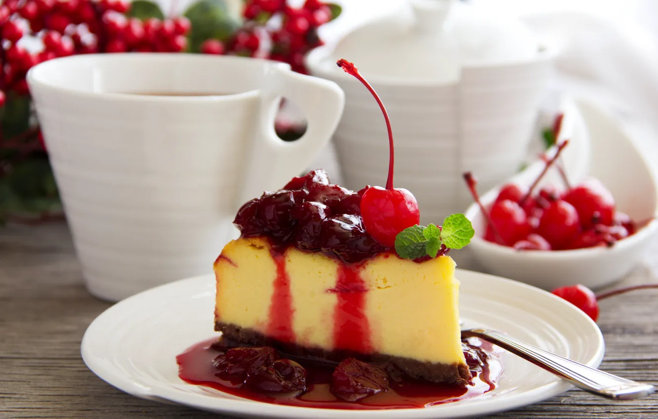 Photo wallpaper cherry, mint, sauce, cherry, mint, sauce, A slice of cheese cake with cherry sauce, A …