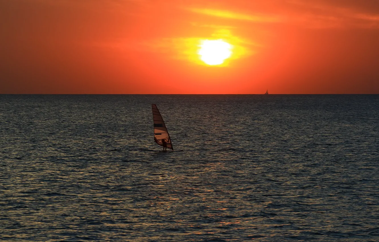 Photo wallpaper sea, sunset, boat, horizon, Windsurfing, sailing, orange sky