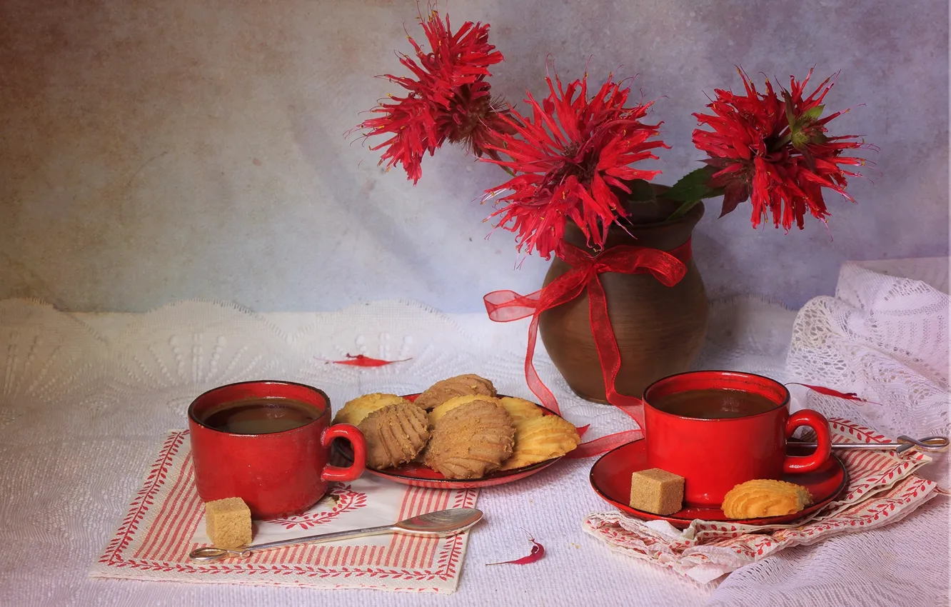 Photo wallpaper flowers, red, style, tea, color, texture, cookies, Cup