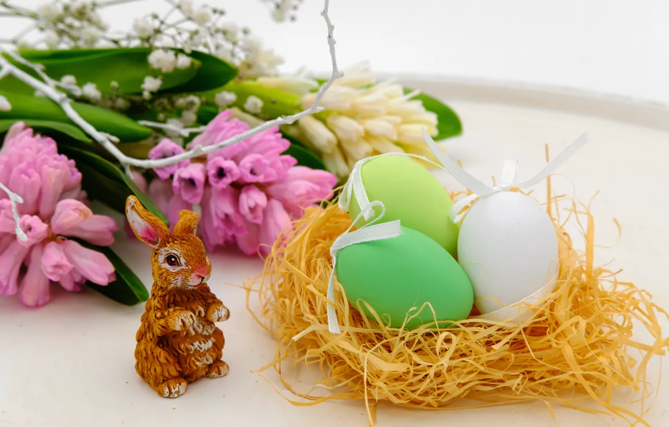 Photo wallpaper flowers, green, holiday, toy, eggs, bouquet, spring, rabbit