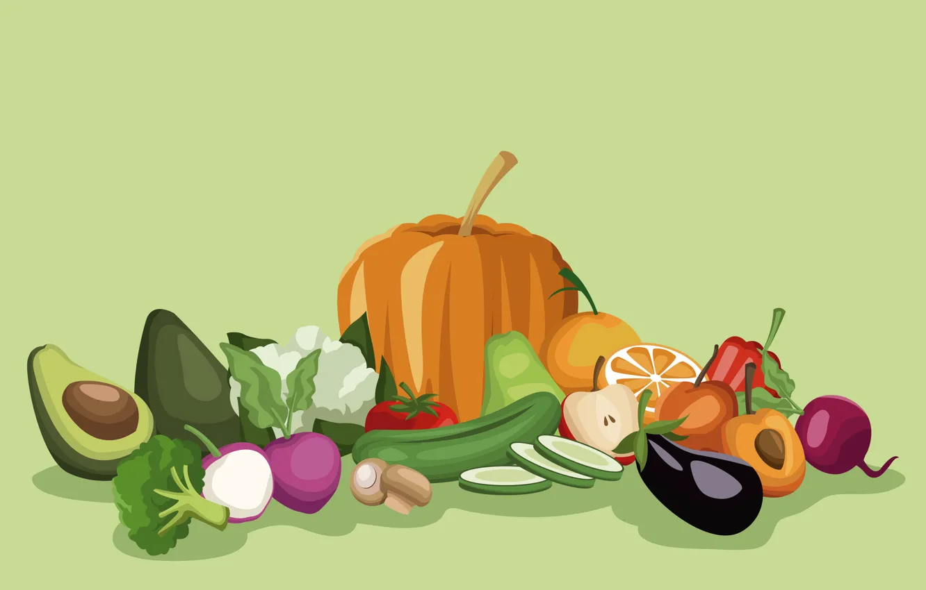 Photo wallpaper Vegetables, pumpkin, fruit, citrus, avocado, Rendering, cuts, Cabbage