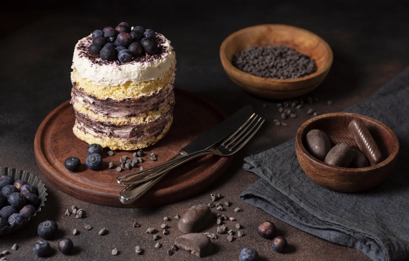 Photo wallpaper berries, chocolate, towel, blueberries, candy, knife, cake, cake