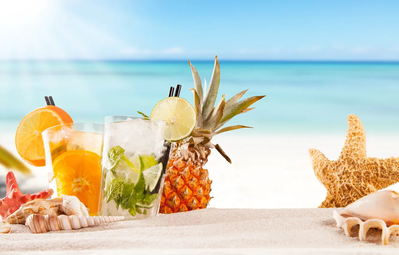 Photo wallpaper sea, beach, cocktail, summer, fruit, beach, fresh, sea