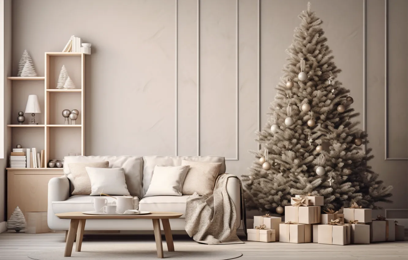 Photo wallpaper decoration, room, sofa, gift, balls, tree, new year, home