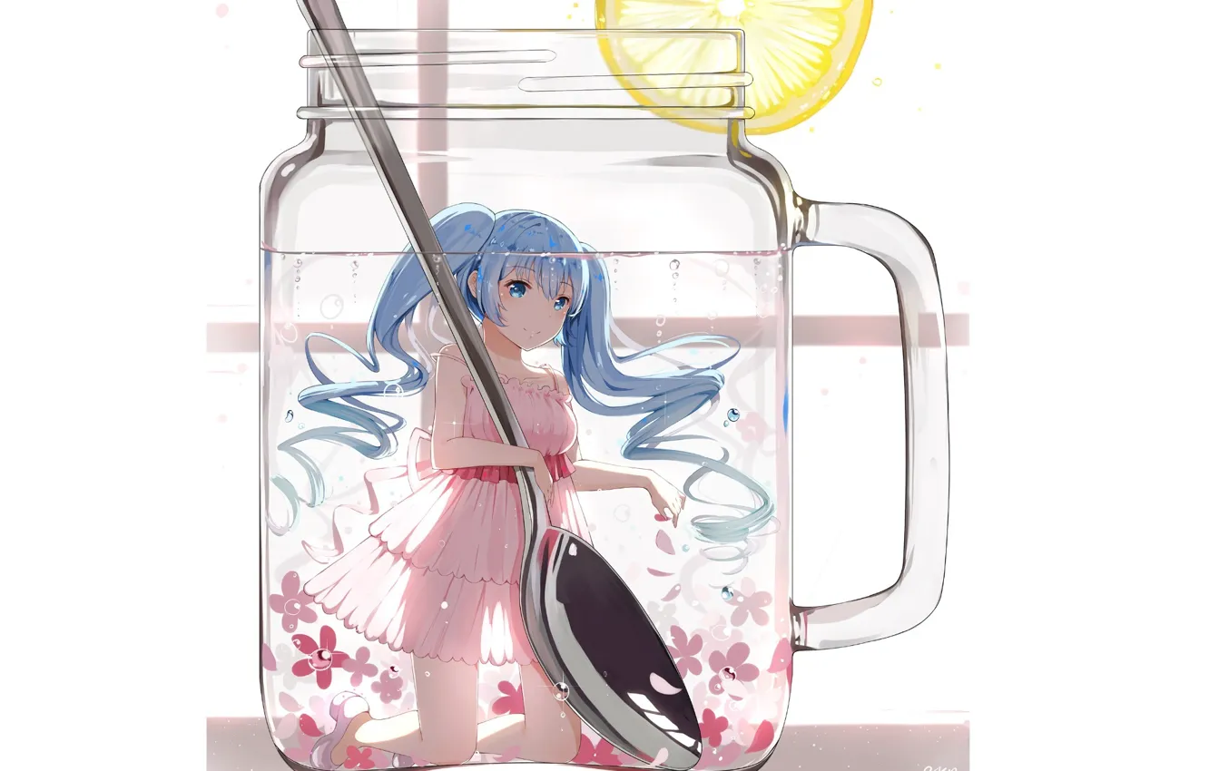 Photo wallpaper water, smile, lemon, spoon, mug, white background, flowers, Hatsune Miku