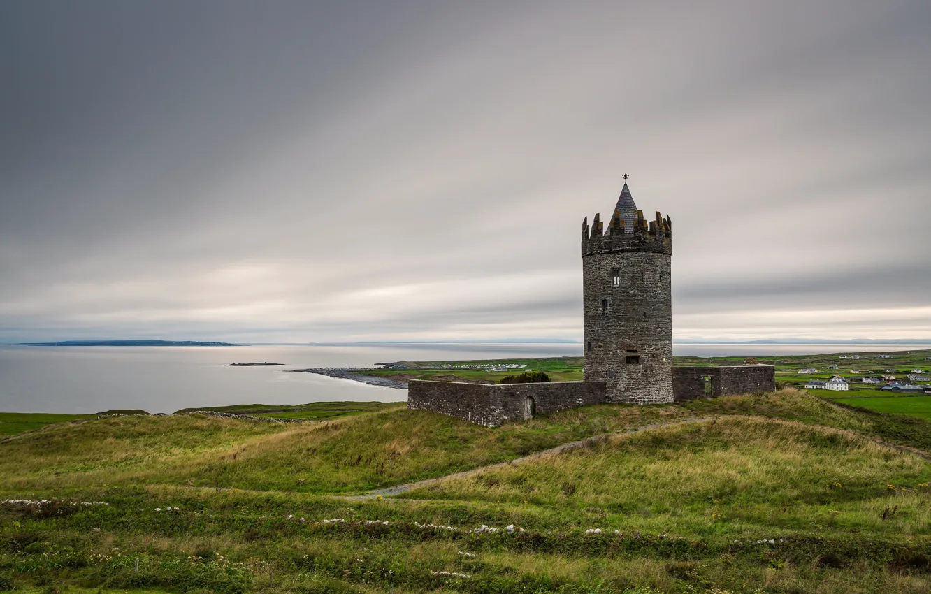 Photo wallpaper field, castle, shore, pond