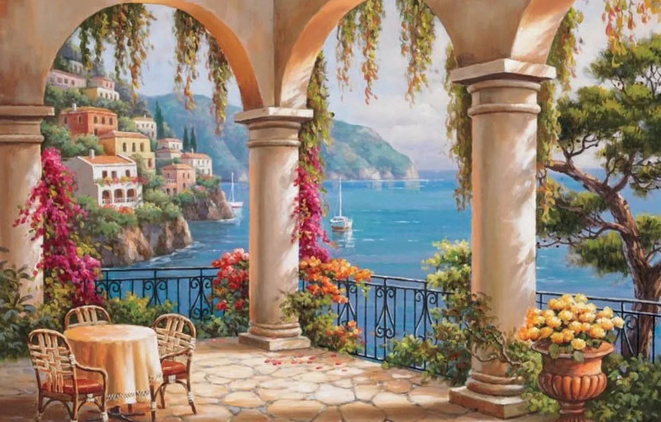 Photo wallpaper flowers, picture, columns, painting, sea, terrace, painting, Sung Kim