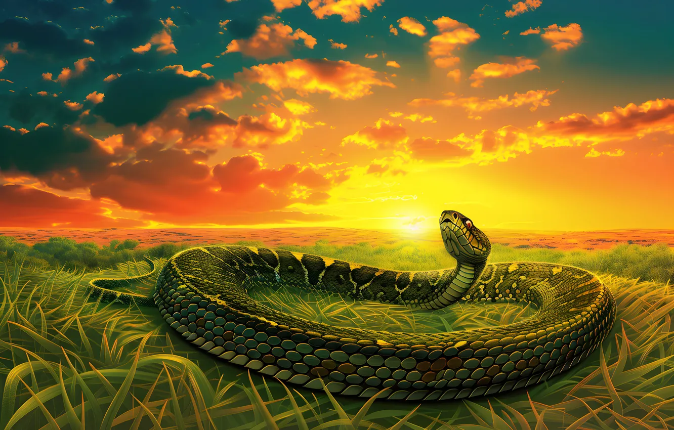 Photo wallpaper grass, face, the sun, clouds, animal, dawn, snake, art