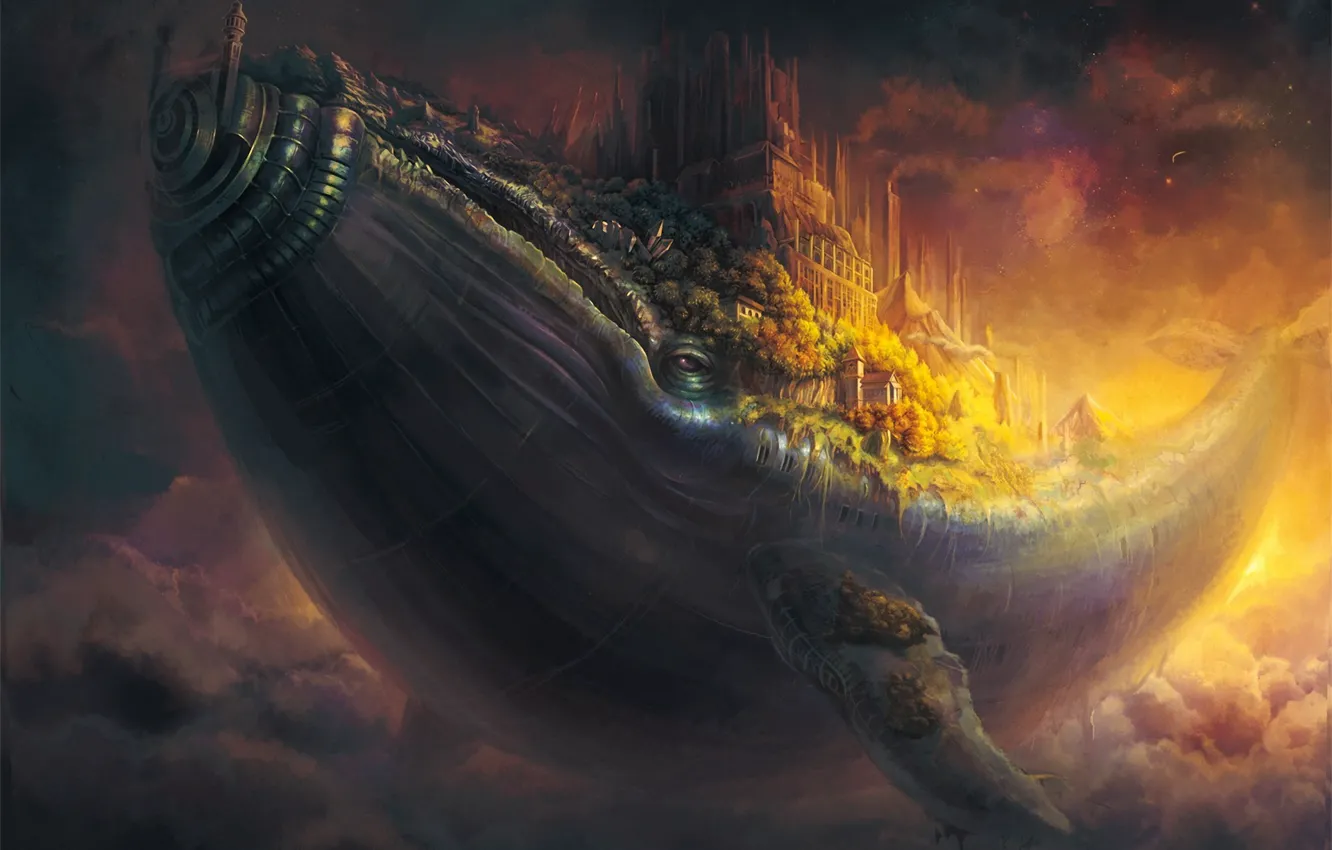 Photo wallpaper clouds, flight, the city, building, fish, art, kit, in the sky