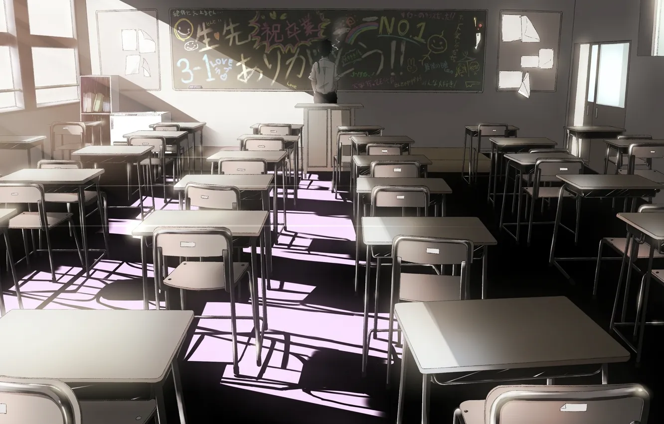 Photo wallpaper the inscription, Board, anime, window, art, chair, characters, class