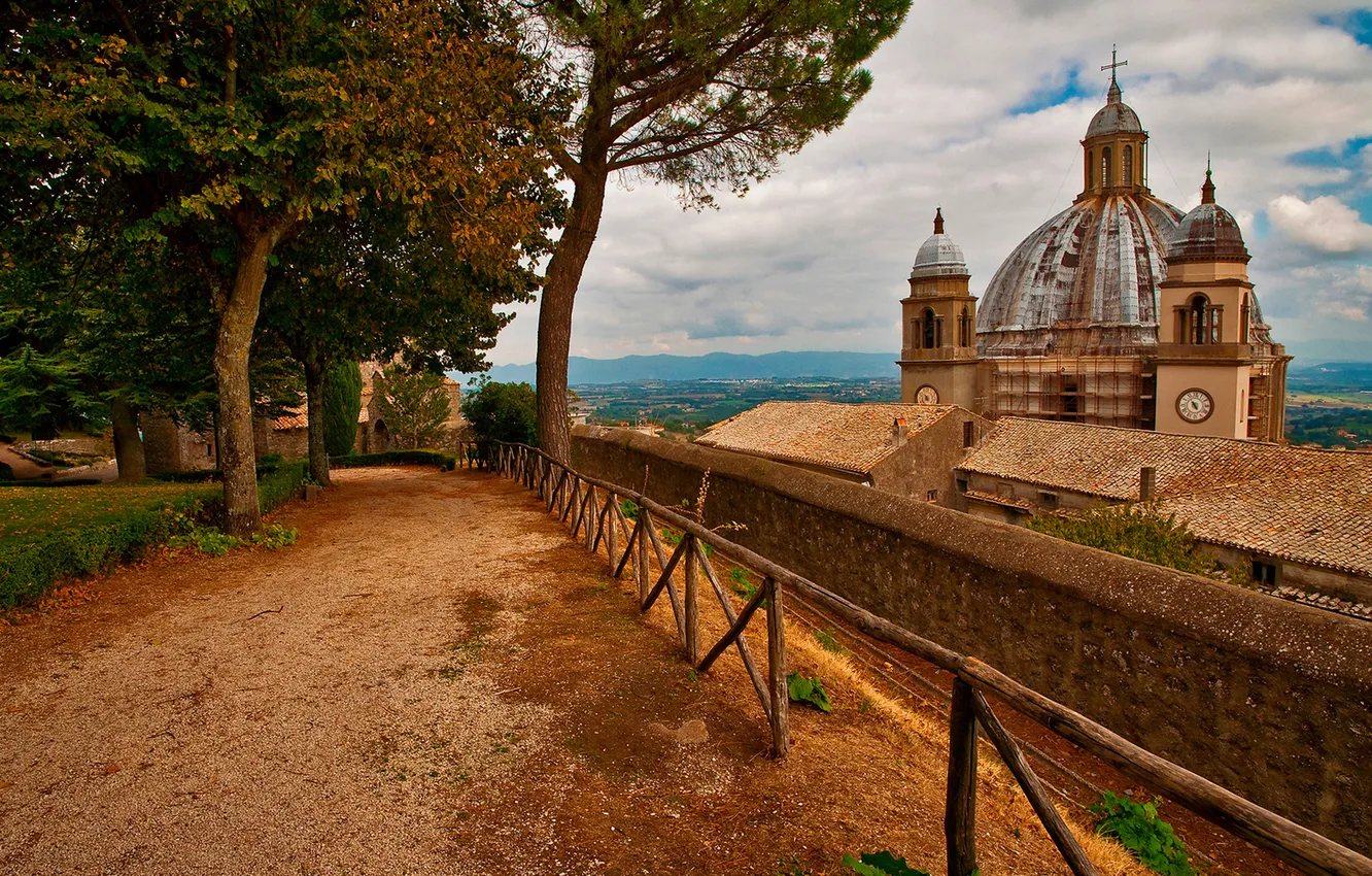 Photo wallpaper the sky, clouds, trees, the city, Park, Cathedral, the dome