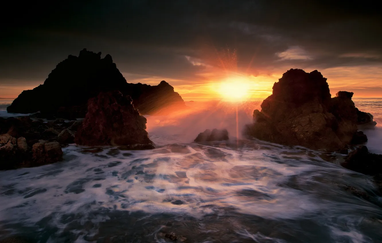 Photo wallpaper sea, landscape, sunset, rocks
