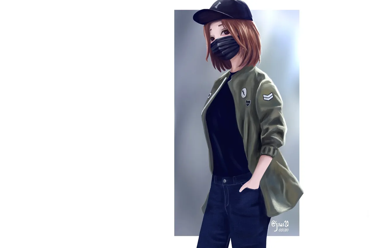 Photo wallpaper girl, jeans, jacket, white background, baseball cap, medical face mask, by dante rh