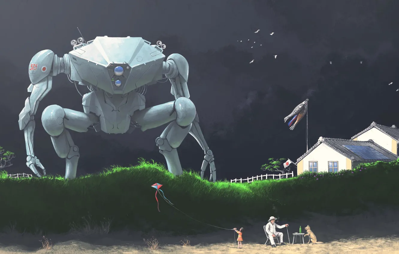 Photo wallpaper beach, house, people, robot, Childrens Day