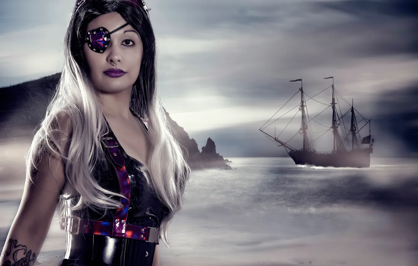 Photo wallpaper sea, girl, ship, sailboat, pirate, headband, cosplay