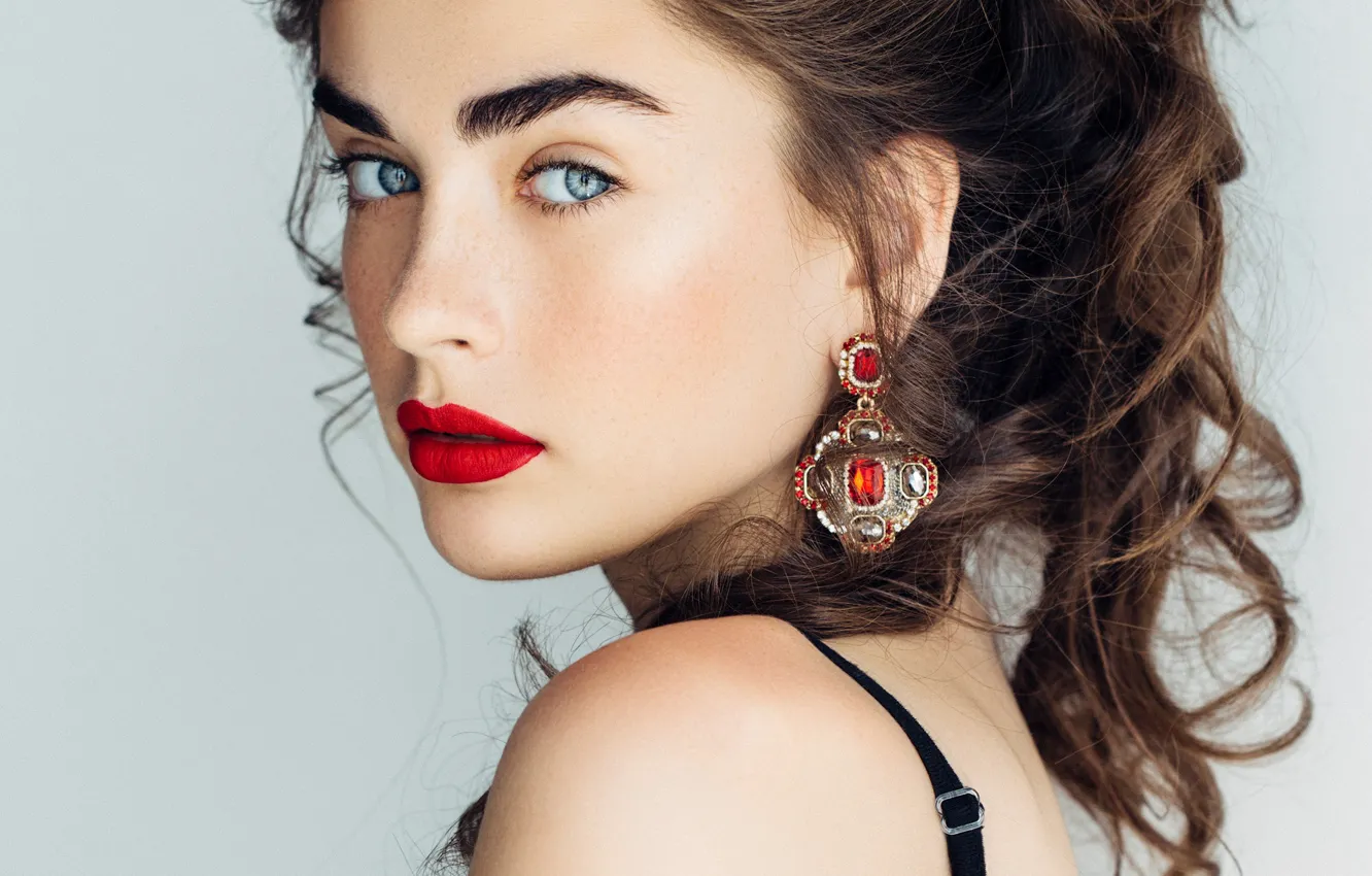 Photo wallpaper look, girl, portrait, earrings, lipstick, lips, beautiful