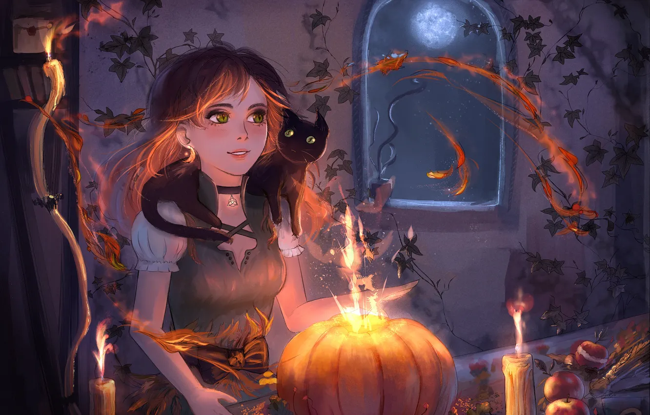 Photo wallpaper cat, girl, night, smile, candle, window, Halloween, pumpkin