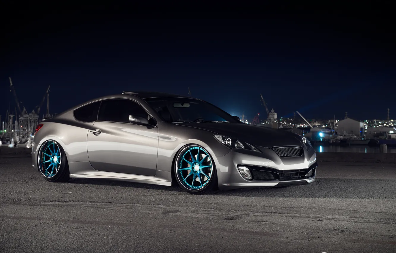 Photo wallpaper night, the city, tuning, Hyundai, Coupe, stance, Genesis, Hyundai