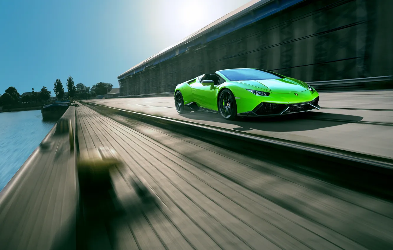 Photo wallpaper car, auto, green, Lamborghini, supercar, in motion, Spyder, speed