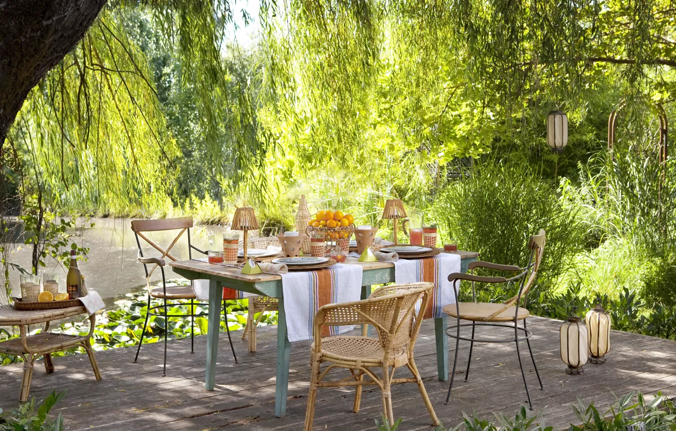 Photo wallpaper summer, pond, table, garden, fruit, picnic, drinks, terrace
