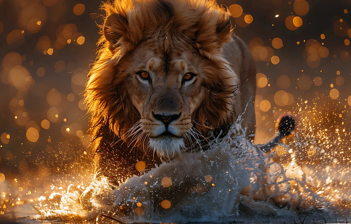 Photo wallpaper LOOK, WATER, LEO, DROPS, FACE, MANE, SQUIRT