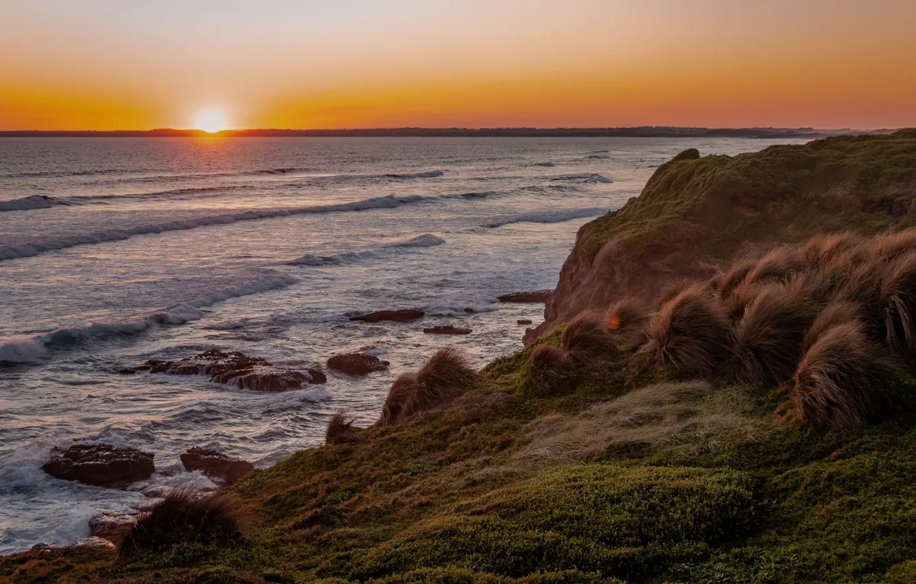 Photo wallpaper sea, wave, beach, the sky, grass, the sun, sunset, stones
