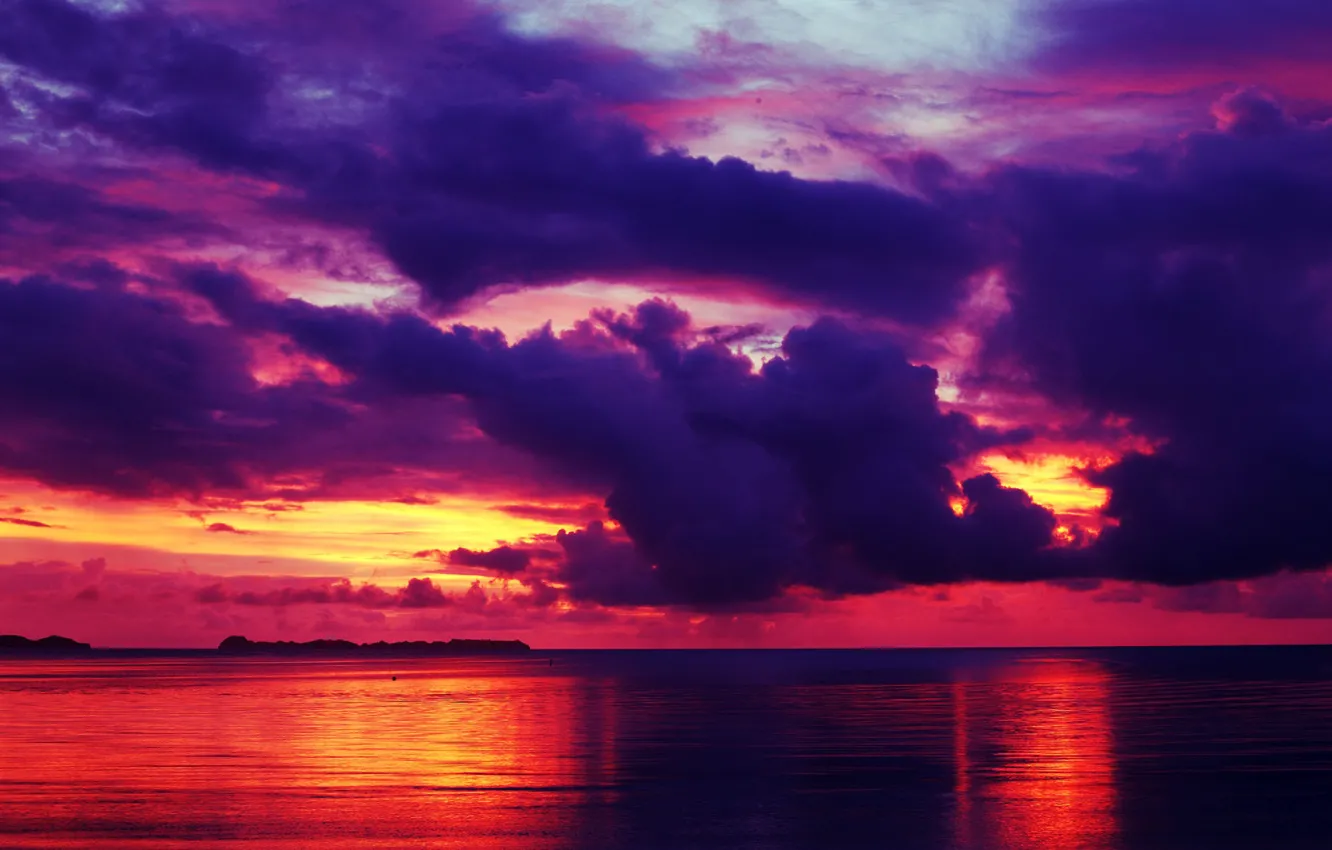 Photo wallpaper sea, the sky, clouds, sunset, clouds, reflection, horizon, glow