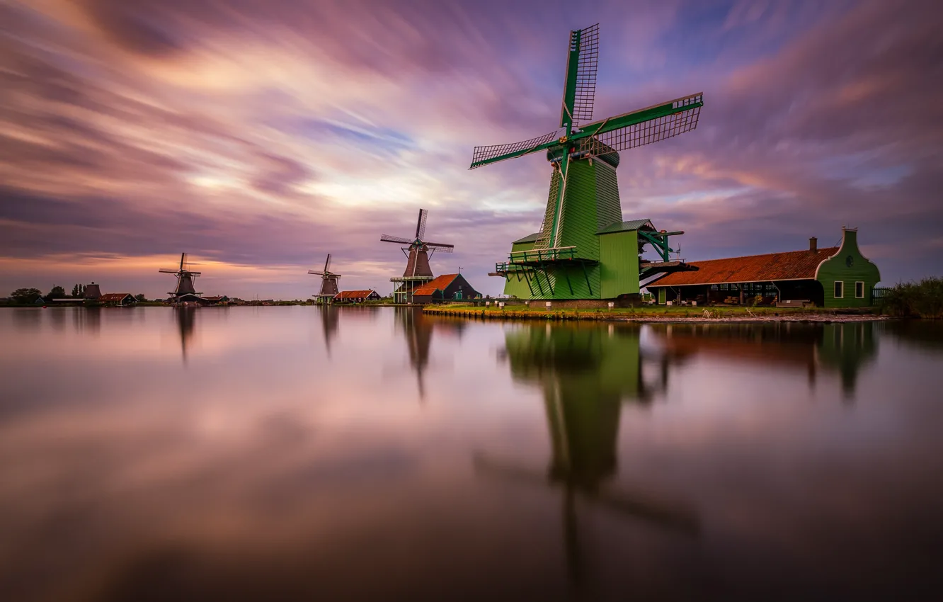 Photo wallpaper reflection, windmill, Netherlands