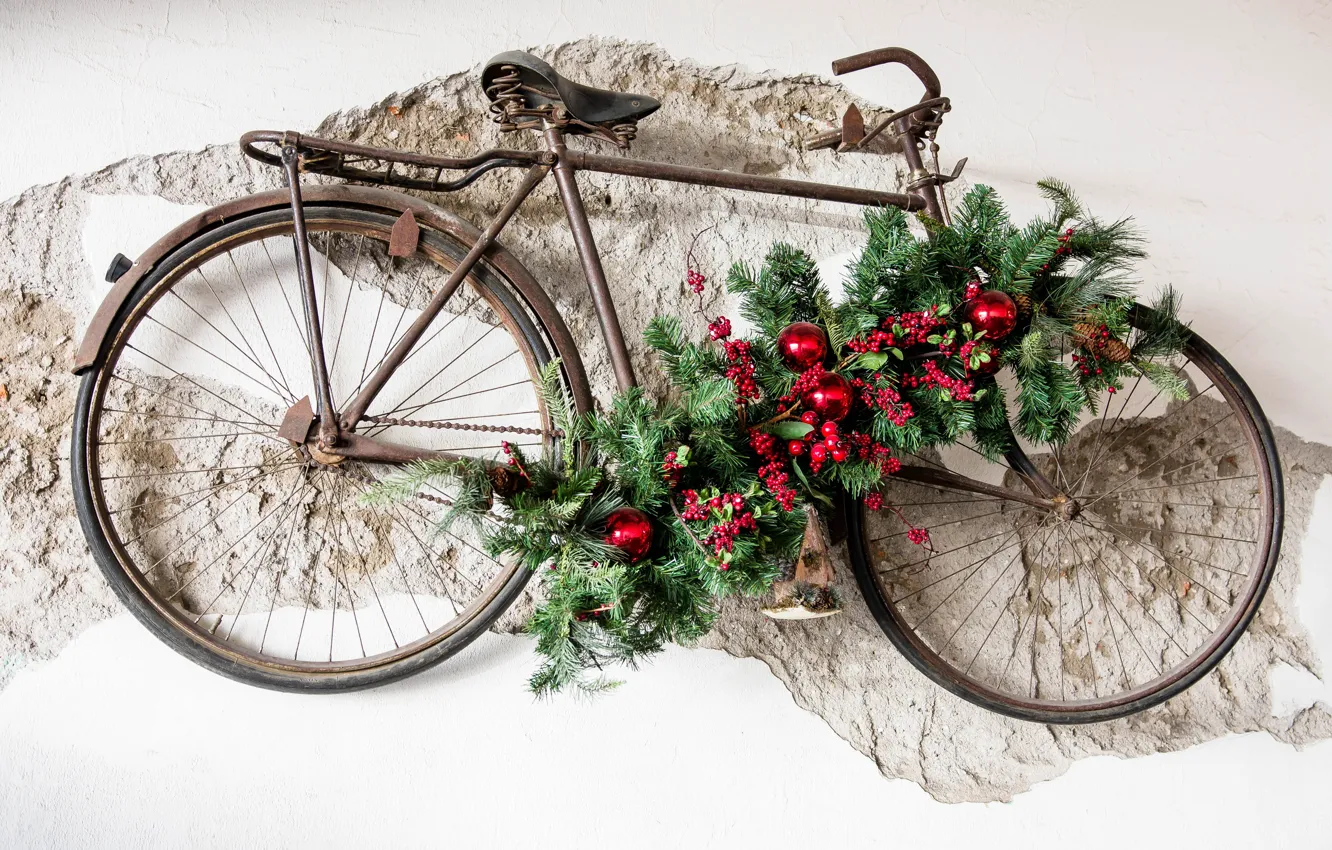 Photo wallpaper photo, Design, Branches, Berries, Balls, New year, Bike