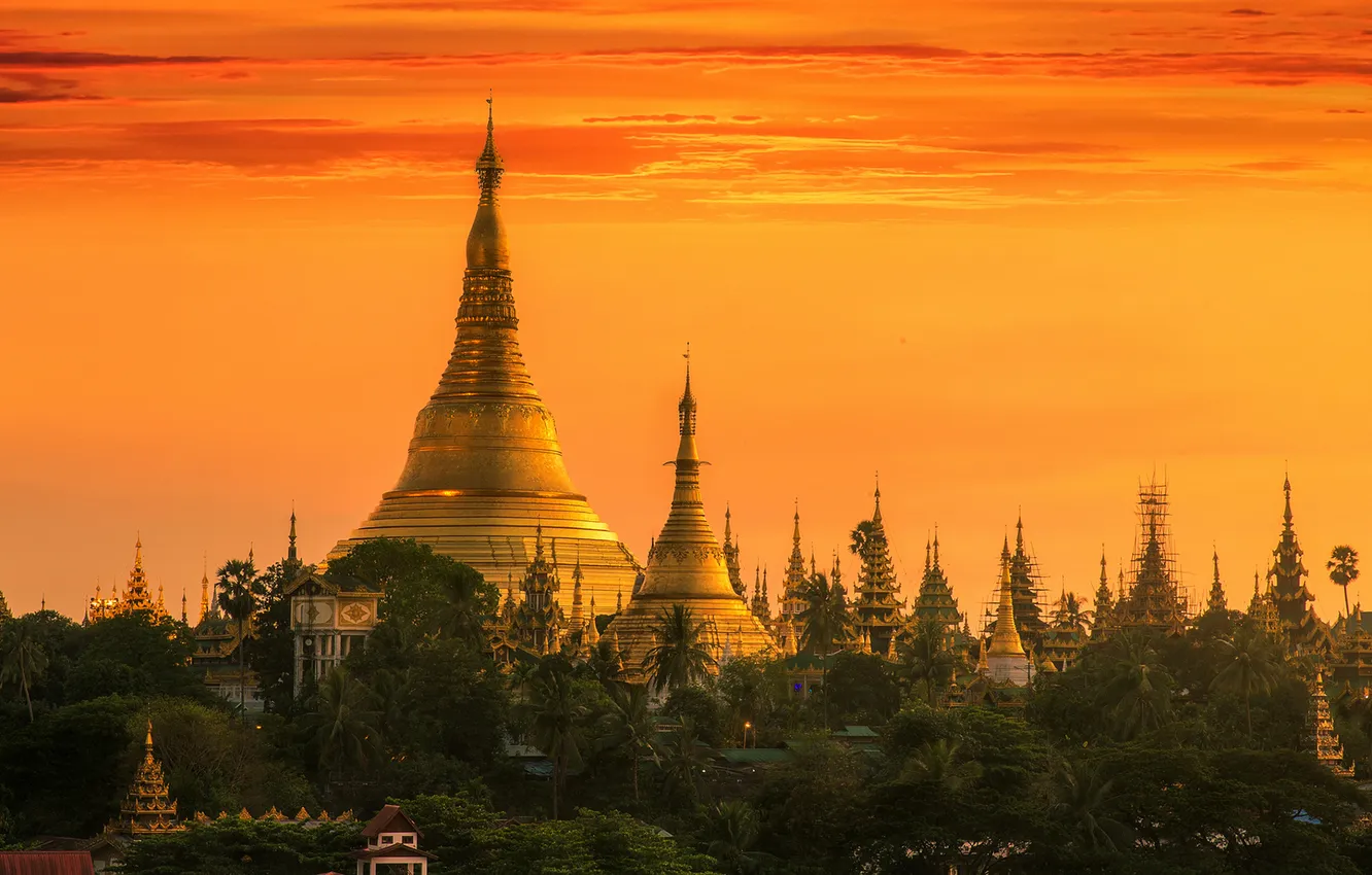 Photo wallpaper view, panorama, Myanmar, orange sky, Shwedagon Pagoda