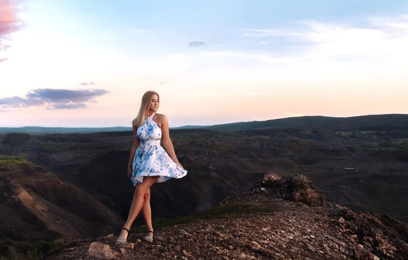 Photo wallpaper nature, hills, dress, blonde, legs, long hair, Sergey Zvyagin