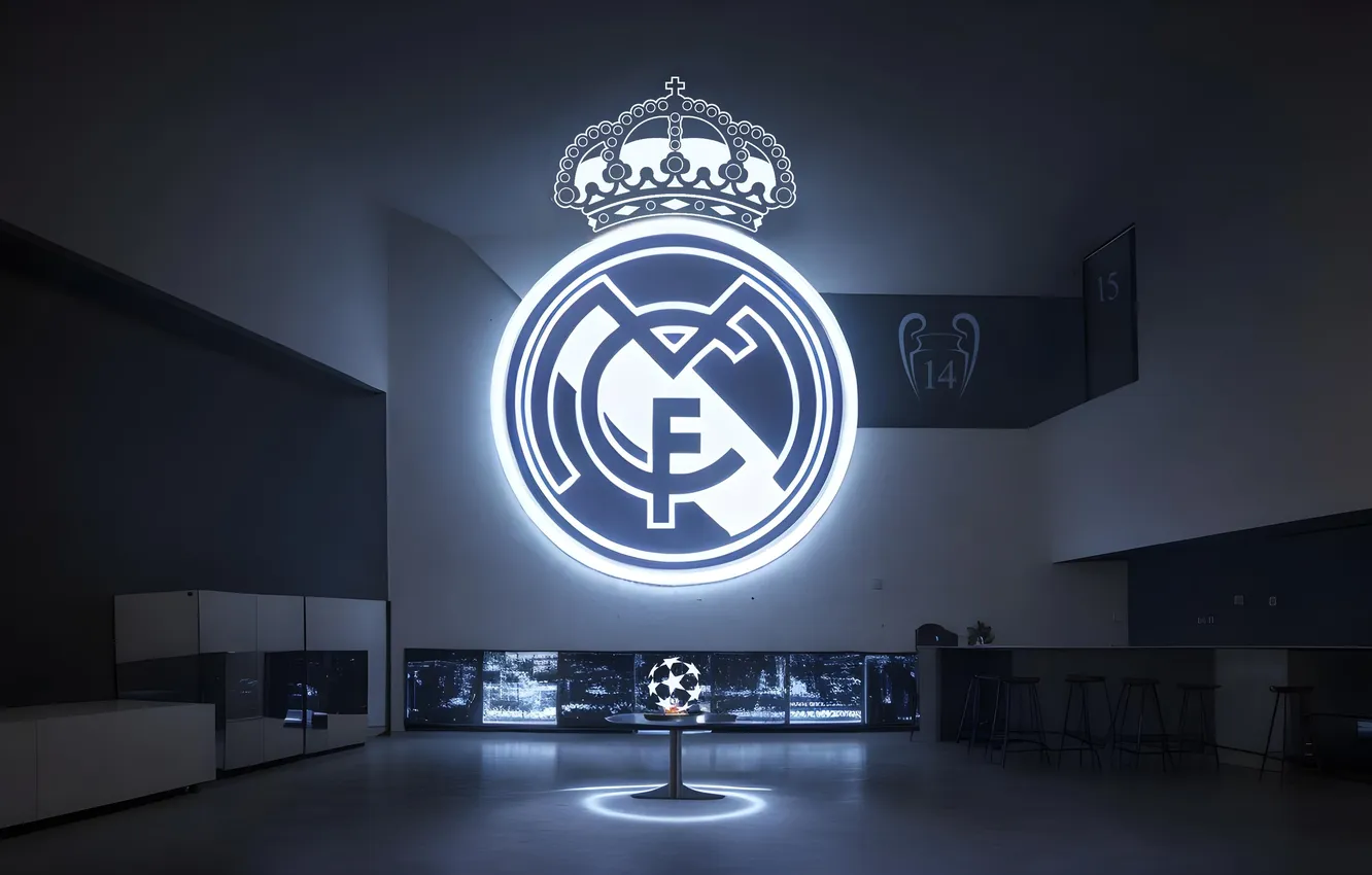 Photo wallpaper logo, Real Madrid, Football Club, sports, glowing, Real Madrid CF