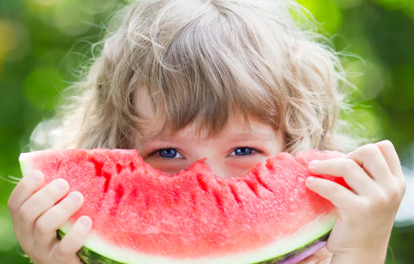 Photo wallpaper watermelon, child, blue-eyed, hunk