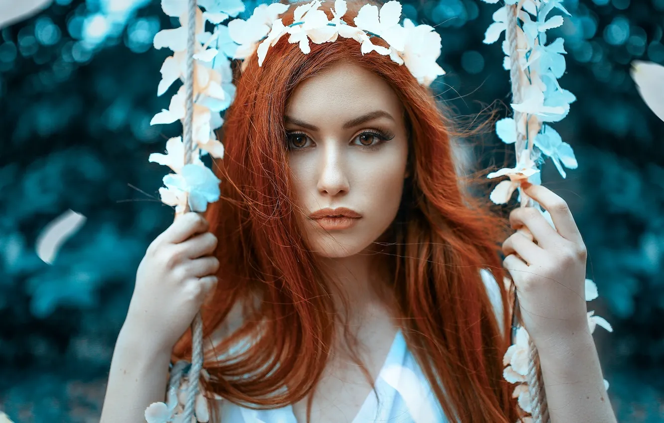 Photo wallpaper look, flowers, blue, background, swing, model, portrait, rope