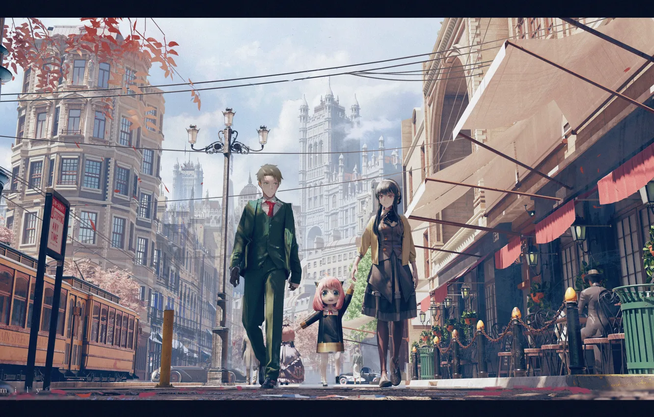 Photo wallpaper tram, walk, Sunny day, street cafe, city street, Spy x Family, The Spy's family, Anya …