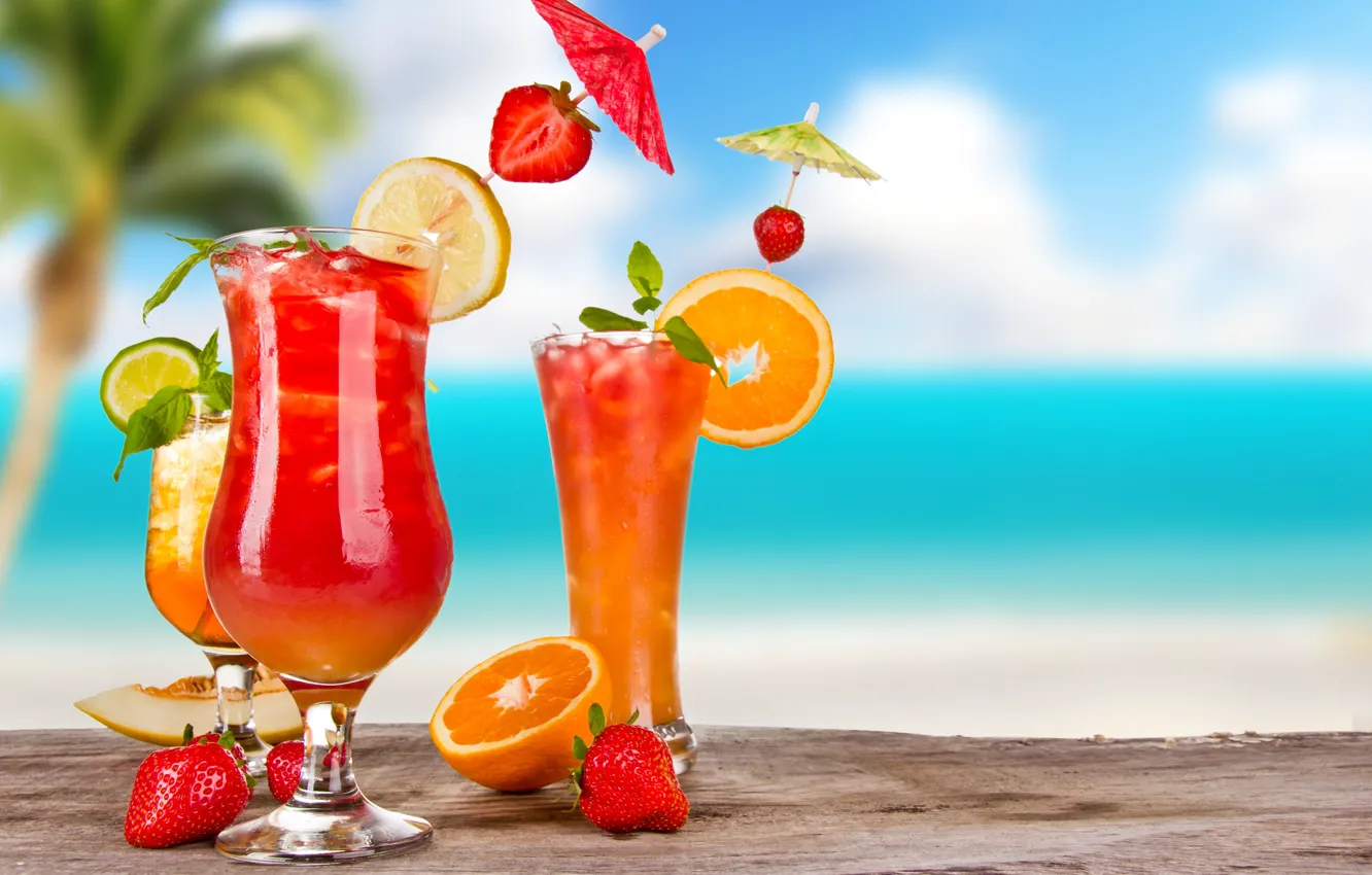 Photo wallpaper sea, beach, cocktail, summer, fruit, beach, fresh, sea