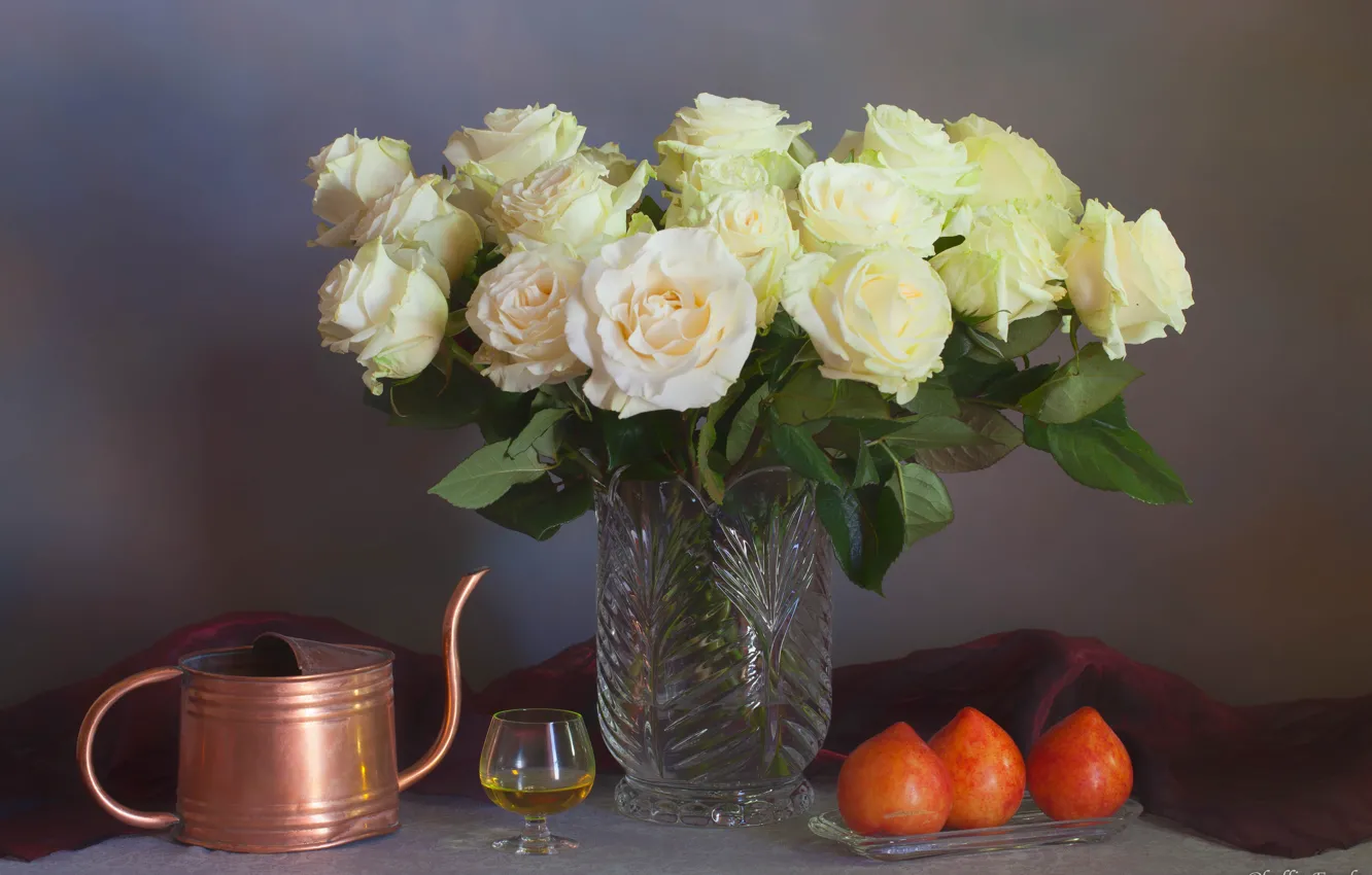 Photo wallpaper flowers, style, glass, bouquet, vase, lake, still life, plum