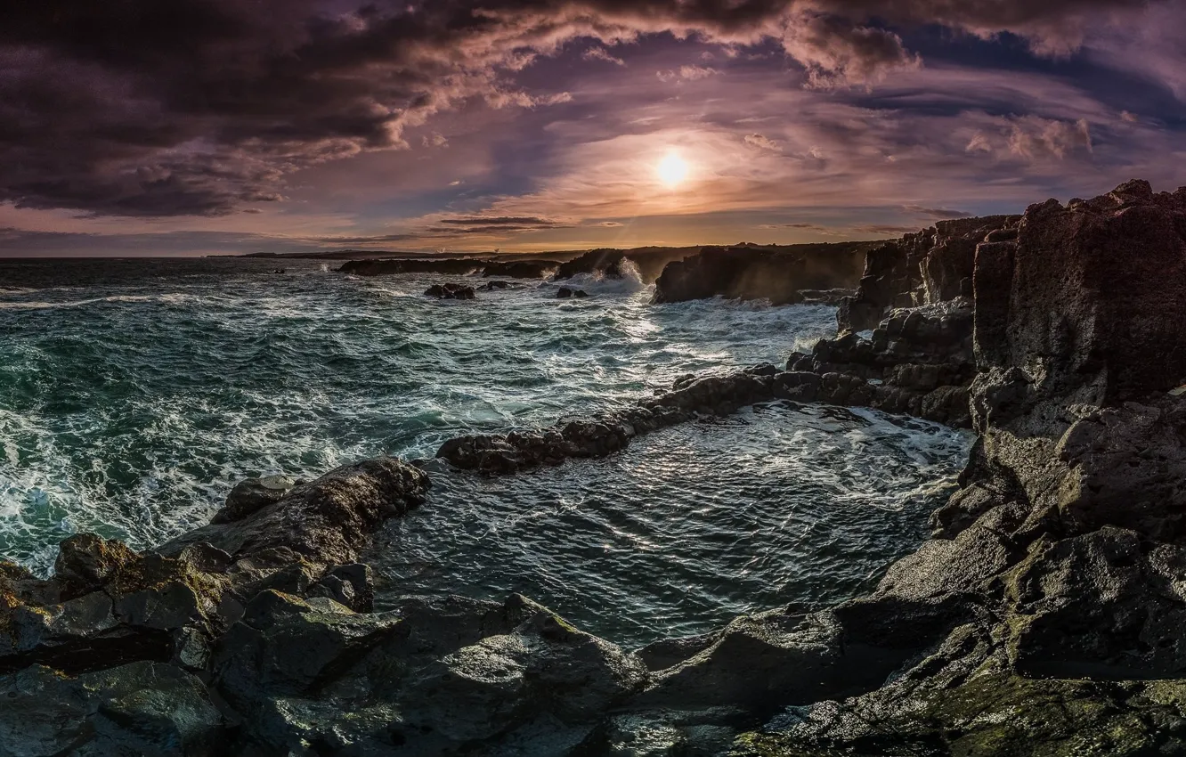 Photo wallpaper coast, sea, rocks, sunset, eyes