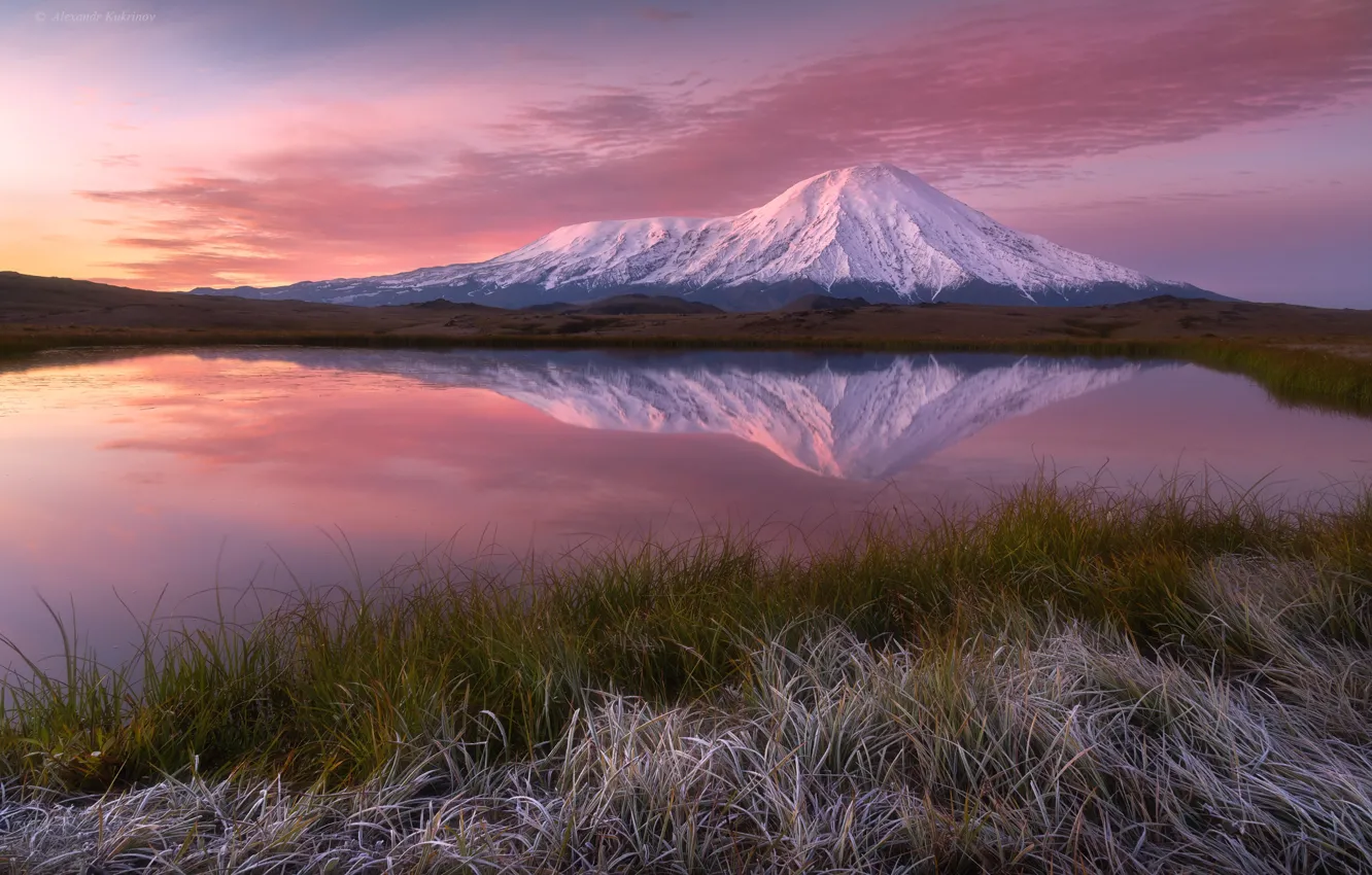 Photo wallpaper grass, landscape, nature, lake, reflection, dawn, morning, the volcano