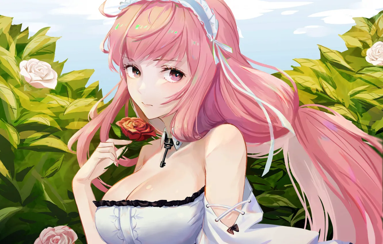 Photo wallpaper girl, sexy, cleavage, blouse, pink hair, long hair, boobs, anime