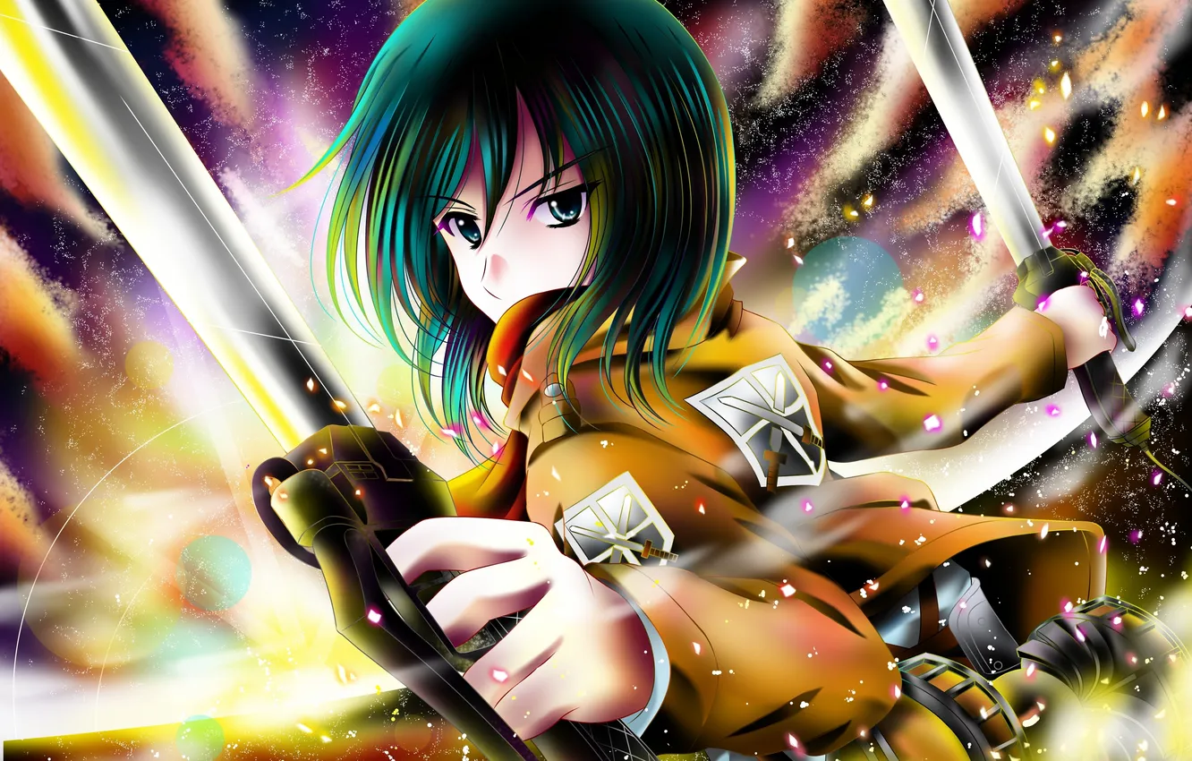 Photo wallpaper look, bright colors, girl, dissatisfaction, art, blade, aka kitsune, Shingeki no Kyojin