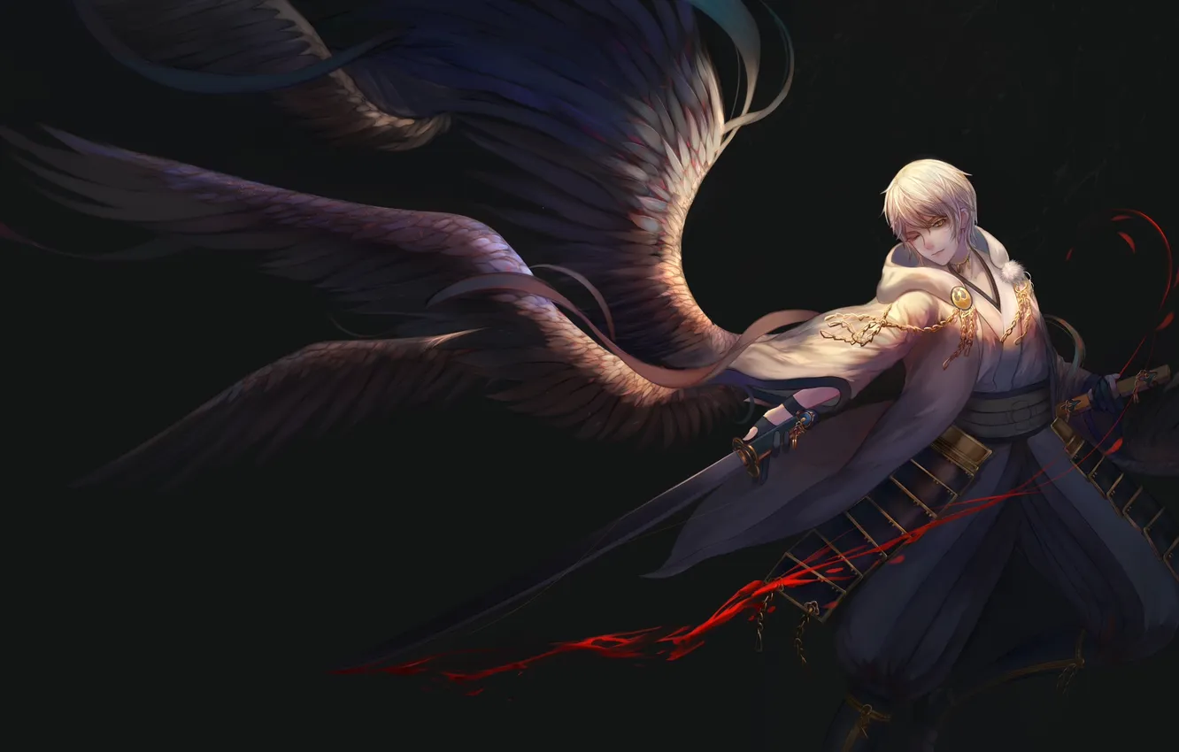 Photo wallpaper weapons, blood, wings, katana, anime, art, guy, yuuko
