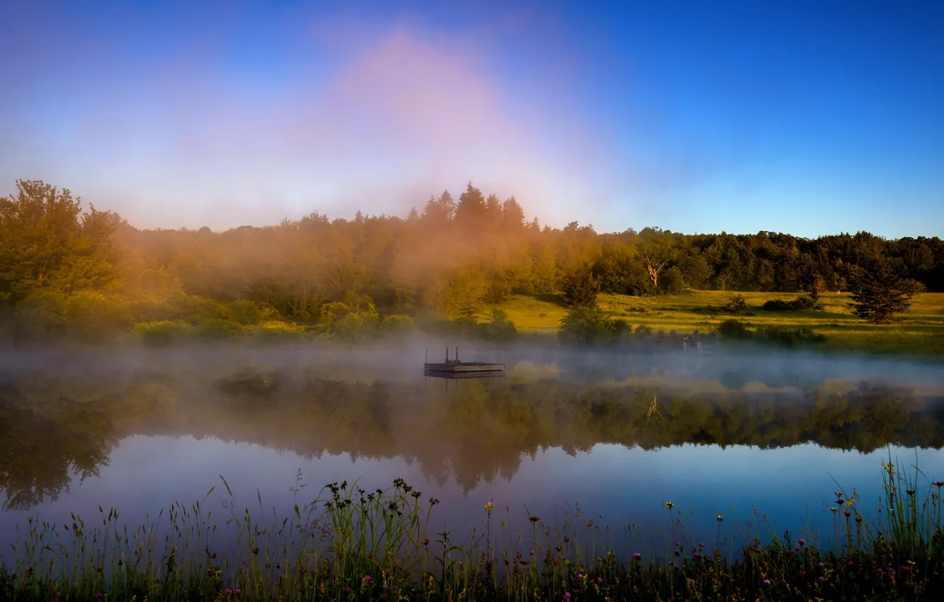 Photo wallpaper landscape, fog, river, morning