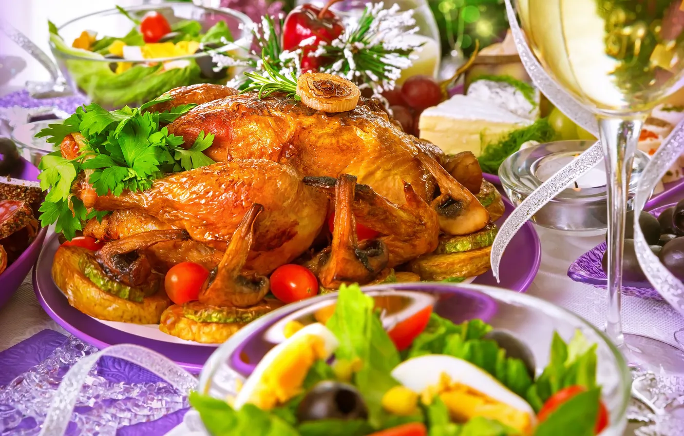 Photo wallpaper holiday, glass, chicken, salad, fried, garnish, fried chicken
